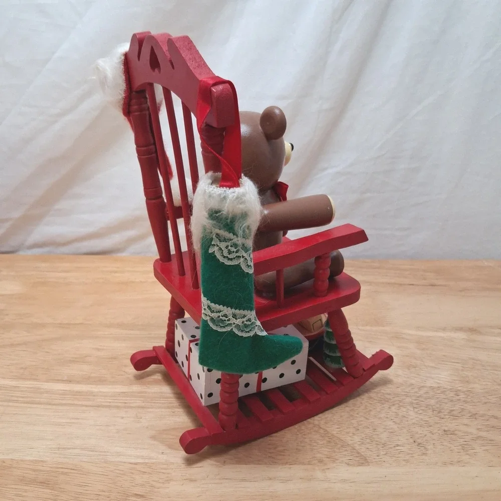 Vintage Teddy Bear Rocking Chair Musical Christmas Decor Red OS Good Pre-owned